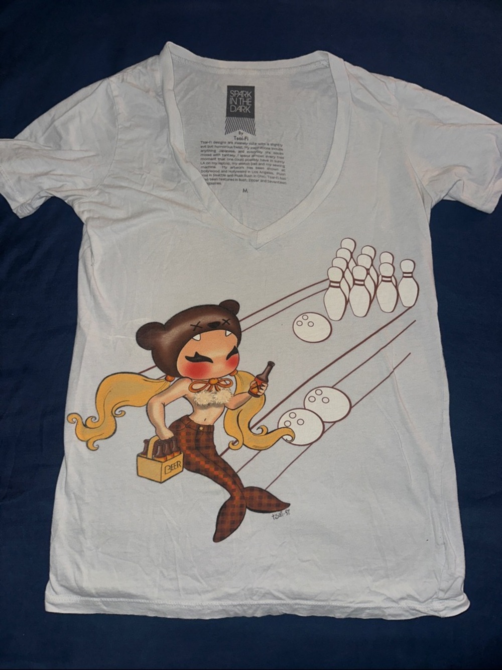 Graphic V-Neck Tee with Blonde Cartoon Bowler